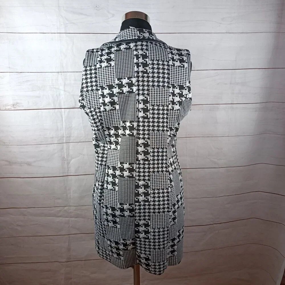 Woman's open sleeveless blazer cardigan houndstooth black white collar Large - Picture 6 of 15